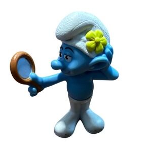 Vintage Vanity Smurf PVC Figure with Mirror and Flower Peyo Collectible Toy